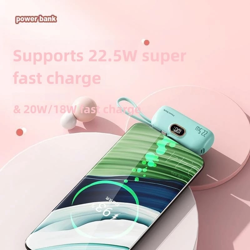 Fast Charge 22.5w Mini Power Bank 5000mAh –  Compact Μέγεθος & Ενσωματωμένο Καλώδιο | iPhone & Type-C